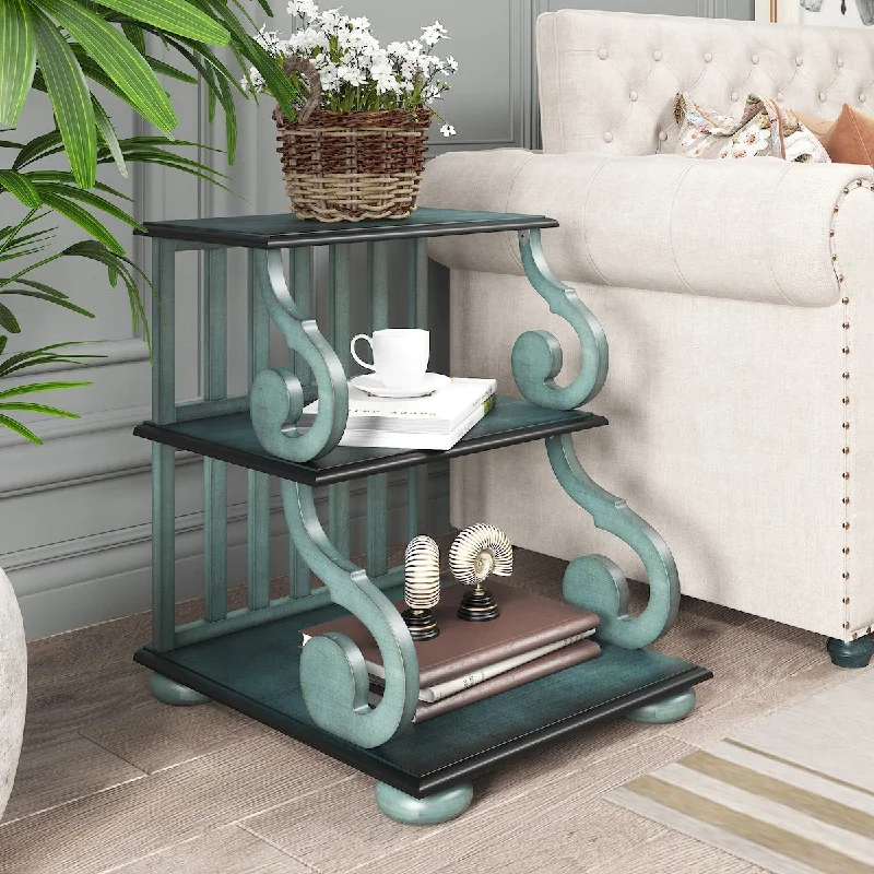 Retro Stylish Functional Nightstand with Abstract Carving lines&Shelves