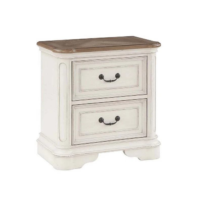 Rigel 28 Inch Transitional Wood Nightstand, 2 Drawers, Antique White, Brown