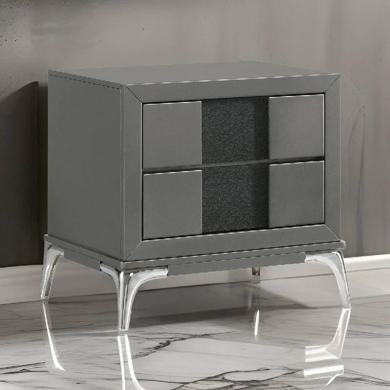 Rya 23 Inch Modern Nightstand with 2 Drawers, Gray Wood, Angled Chrome Legs