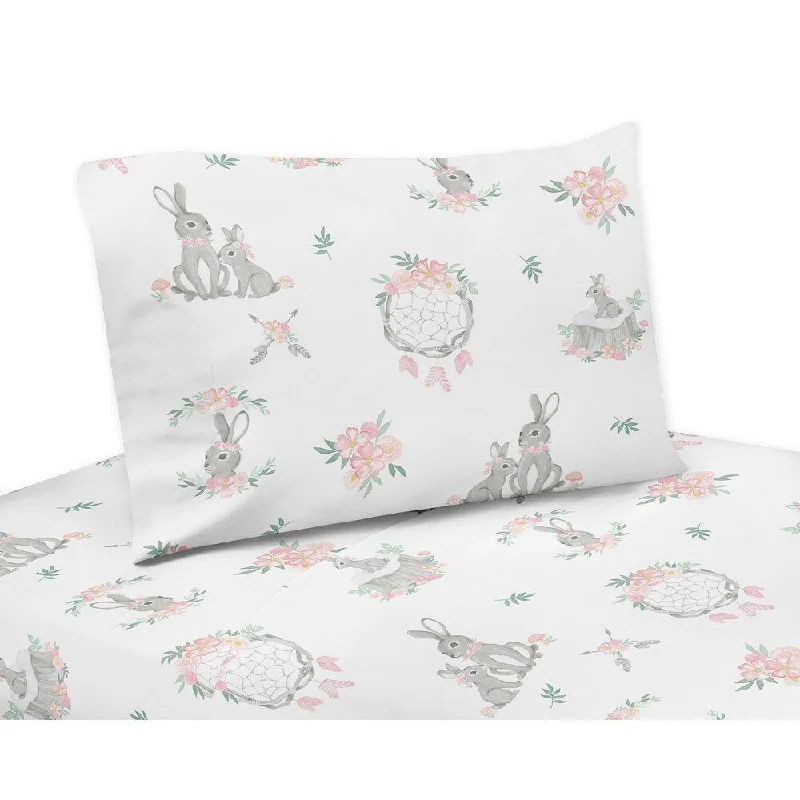 Sweet Jojo Designs Blush Pink Grey Woodland Boho Dream Catcher Arrow Gray Bunny Floral 3-pc Twin Sheet Set - Watercolor Rose