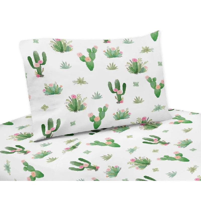 Sweet Jojo Designs Pink and Green Boho Watercolor Cactus Floral Collection 3-piece Twin Sheet Set