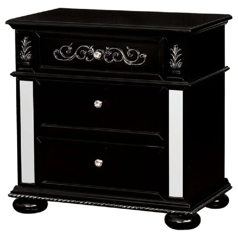 Three Drawer Solid Wood Nightstand with Crystal Knobs and Bun Feet, Black