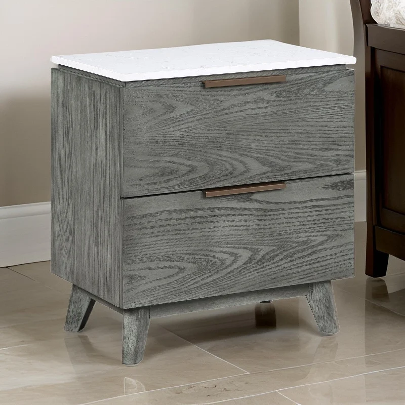 Tira 29 Inch Nightstand, Dual USB Port, 2 Drawers, White Marble Top, Gray