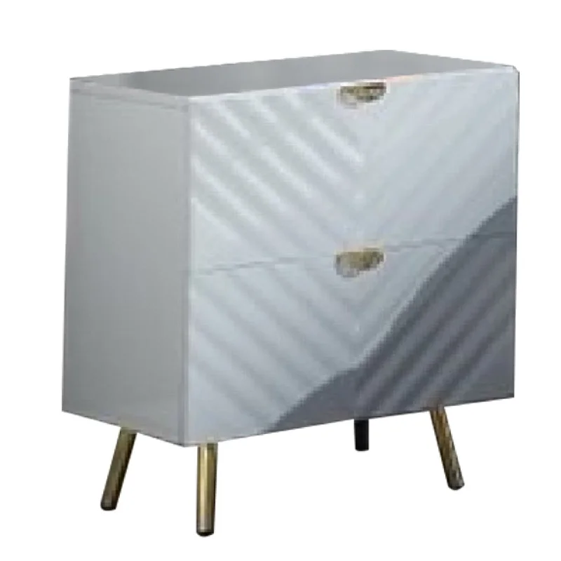 Tyra 25 Inch Wood Nightstand, Wavy Textured Design, Gold Metal Legs, White