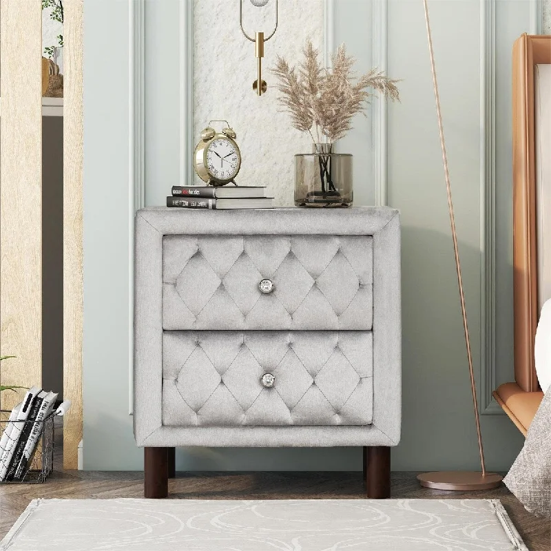 Upholstered Wooden Nightstand with Two Drawers , with Velvet Fabric