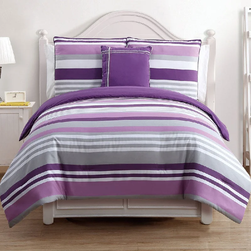 VCNY Ava Purple Stripe Reversible 4-piece Cotton Comforter Set