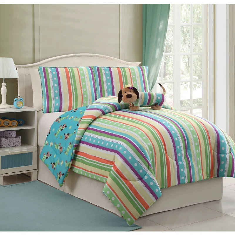 VCNY Reversible Puppy and Stripe 4-piece Comforter Set with Stuffed Animal