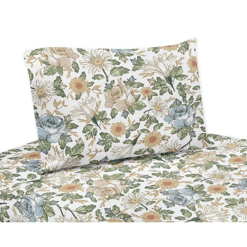 Vintage Floral Blue Yellow 3pc Twin Sheet Set Slate Green Gold Orange Taupe Beige White Shabby Chic Rose Boho Bohemian Farmhouse