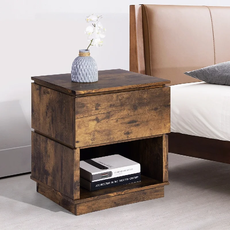 Vintage Nightstand With Sliding Drawer, Open Shelves Storage Cabinet Solid Wood Frame MDF, Wood-look Furniture