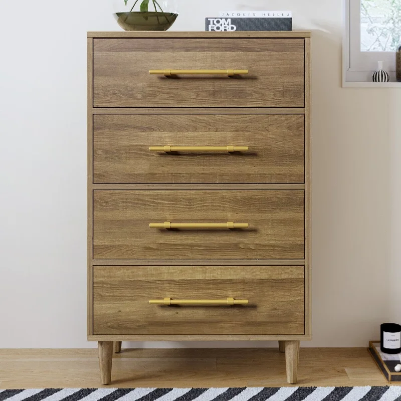 Walnut 4-Drawer Chest with Golden Knobs, Tapered Legs, Mid-Century Modern Organizer