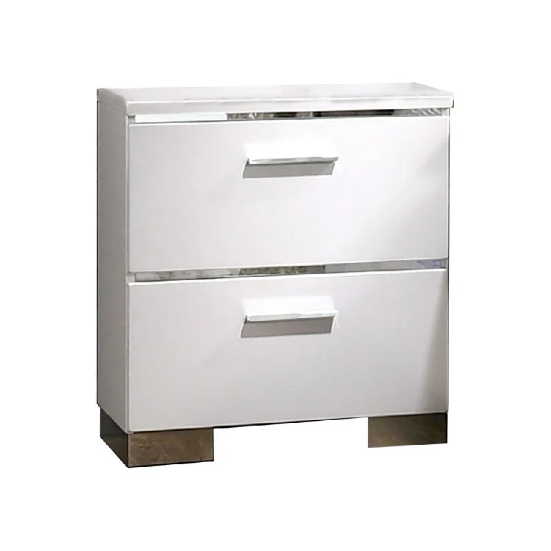 Wood and Metal Nightstand with 2 Drawers, White and Silver