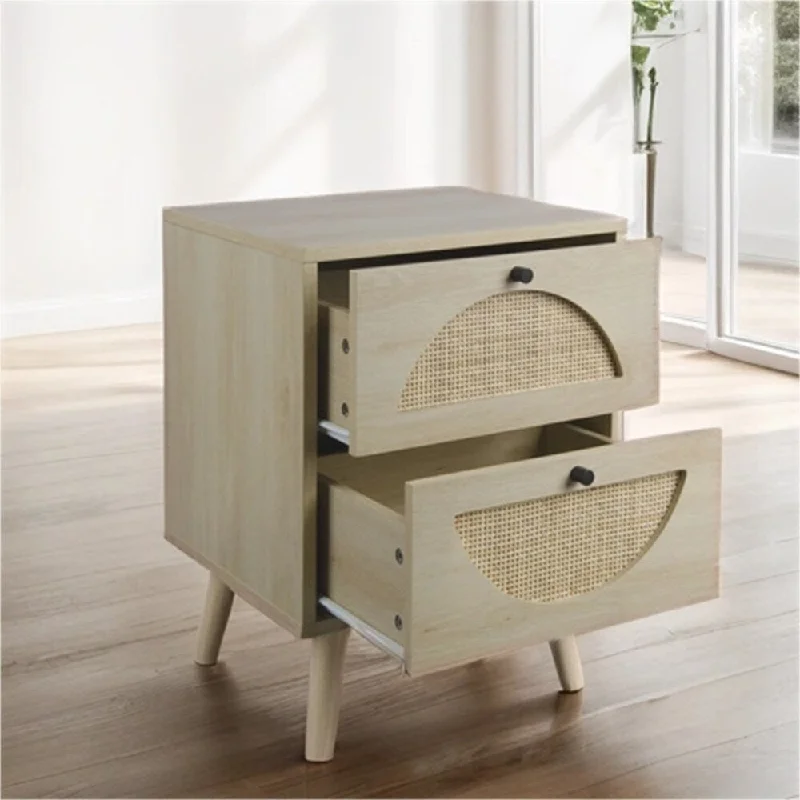 Wood Nightstand with 2 Rattan Storage Drawers and Legs