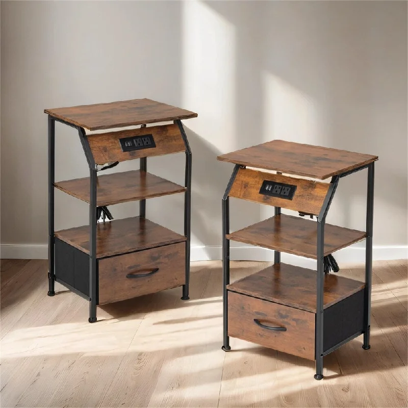 Wood Nightstand with Charging Station,Drawer and Shelf (Set of 2)