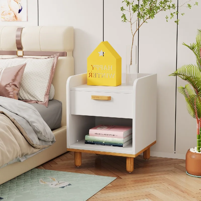 Wood Nightstand with Drawer and Shelf