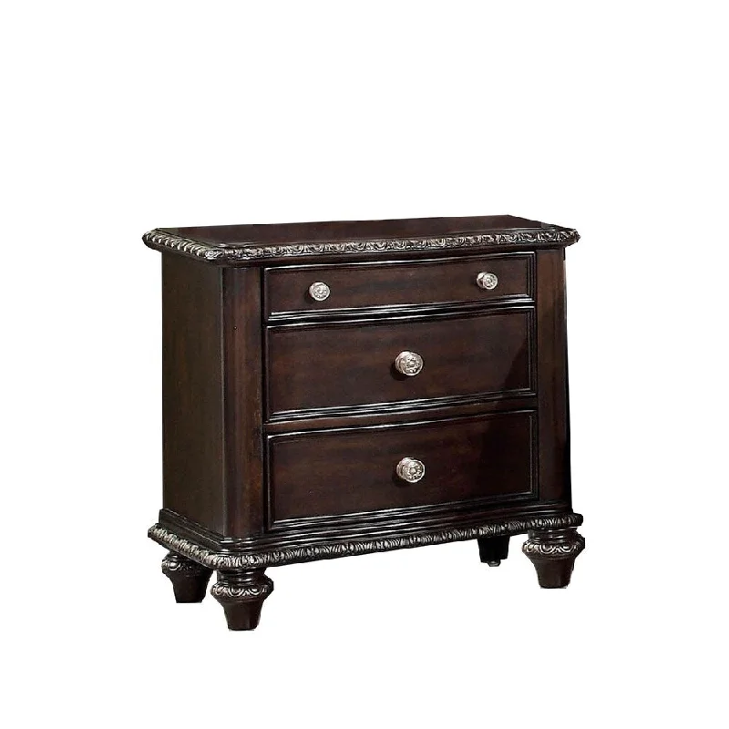 Wooden 3 Drawer Nightstand with Engraved Edges and Turned Legs, Brown