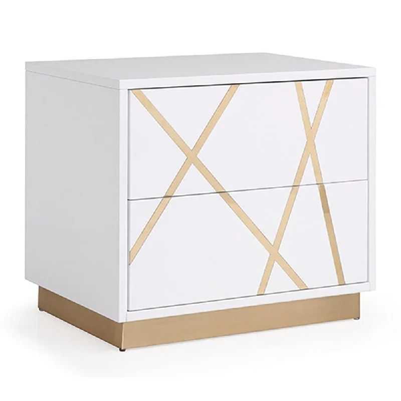 Wooden Nightstand with 2 Drawers and Gold Painted Accents, White and Gold