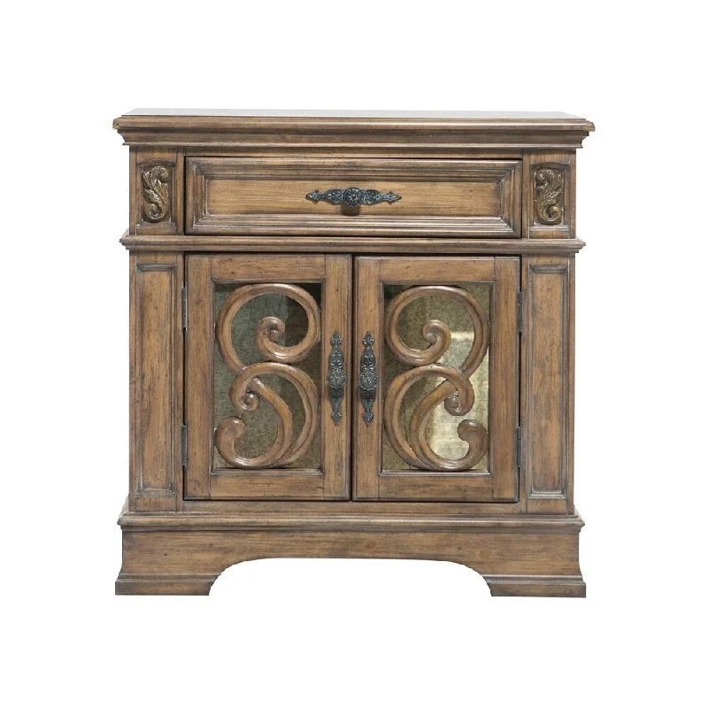 Wooden Nightstand with Intricate Carved Designs, Brown