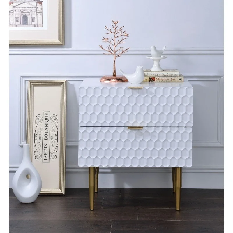 Wooden Nightstand with Raised Honeycomb Pattern Drawer Fronts, White and Gold