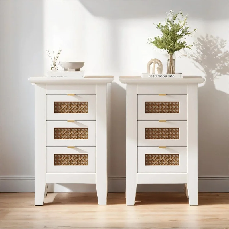 Wooden Nightstands Set of 2 with Rattan-Woven Surfaces and 3 Drawers