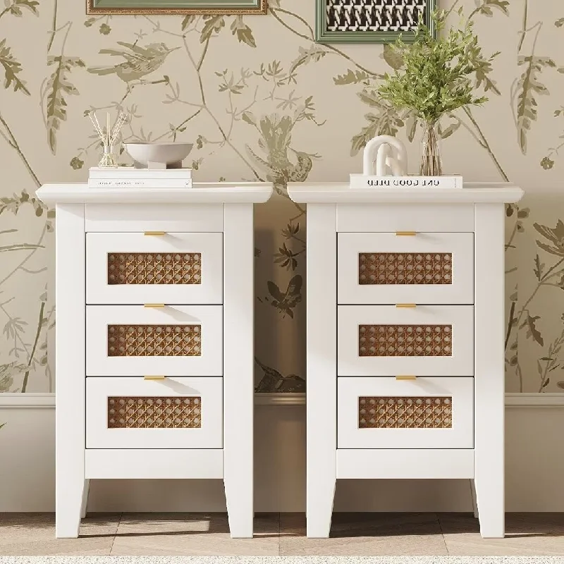 Wooden Nightstands Set of 2 with Rattan-Woven Surfaces and 3 Drawers