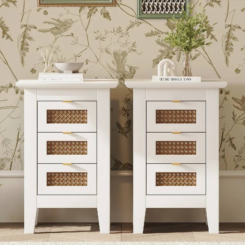 Wooden Nightstands Set of 2 with Rattan-Woven Surfaces and Three Drawers, White