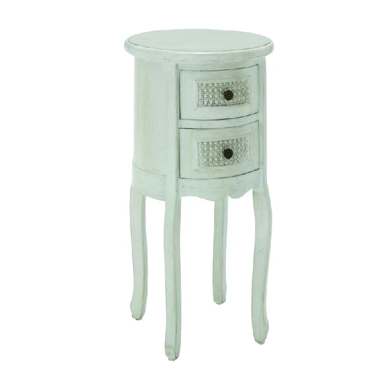 Wooden Round Shaped Night Stand In Antique White With 2 Drawers