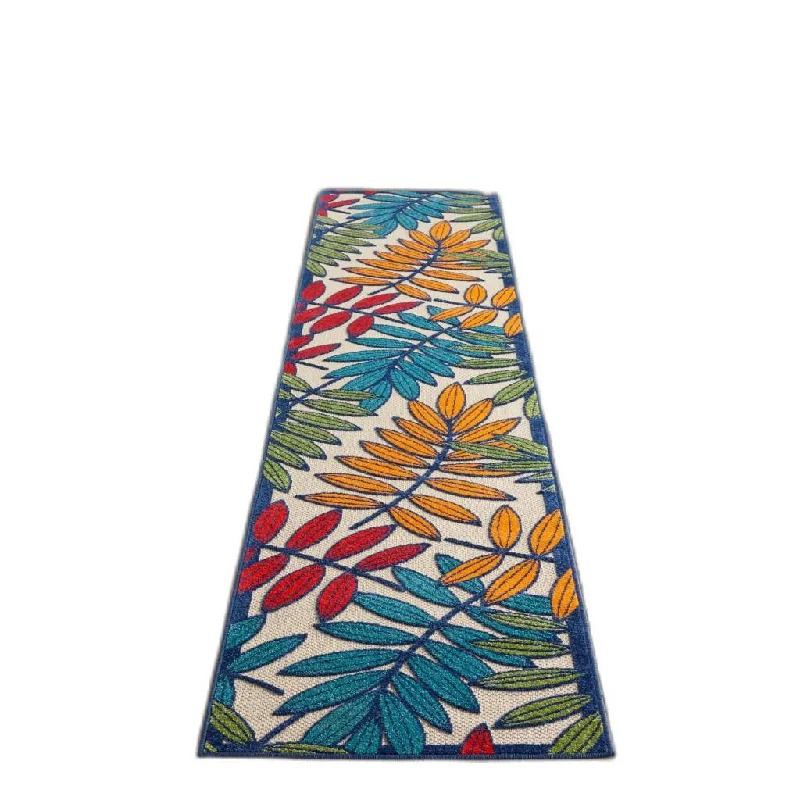 12' Runner Floral Stain Resistant Indoor / Outdoor Runner Rug - Ivory / Blue