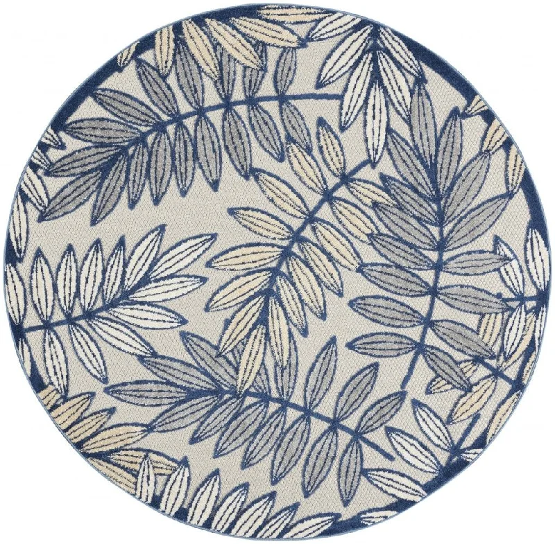 5' Round Round Floral Outdoor & Indoor Area Rug - Ivory / Blue