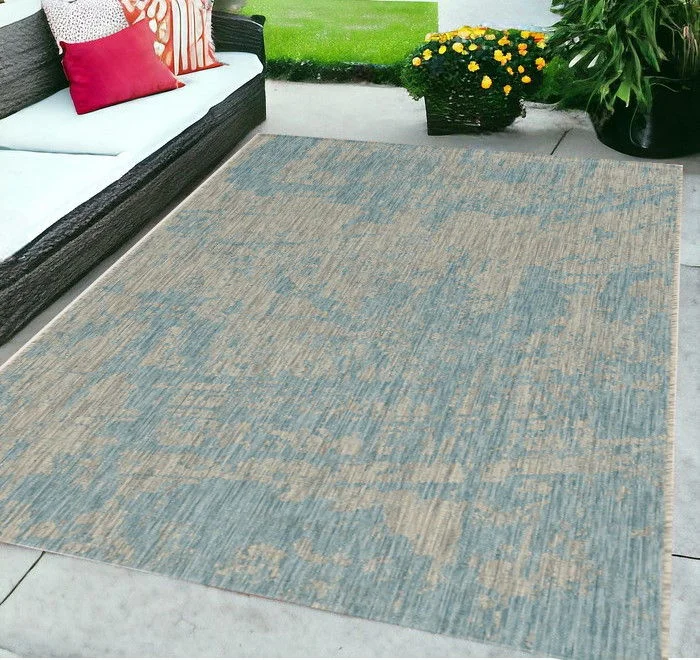 5' X 7' Machine Woven UV Treated Abstract Brushstrokes Indoor / Outdoor Area Rug - Teal