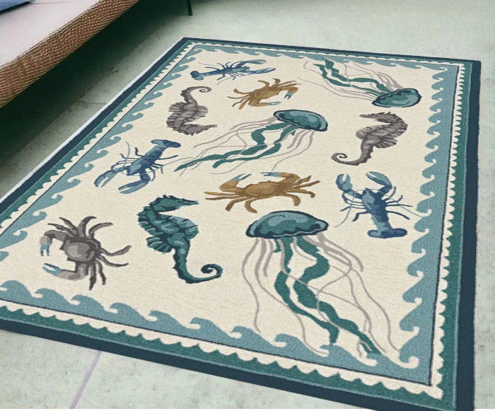 5' X 7' Sea Creatures Indoor / Outdoor Area Rug - Ivory / Teal