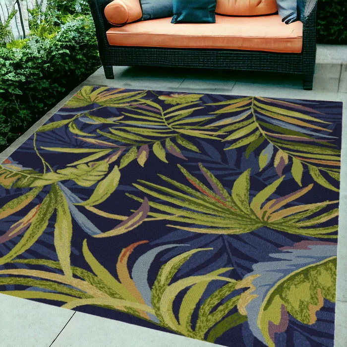 5' X 7' Tropical Leaves UV Treated Indoor / Outdoor Area Rug - Ink Blue