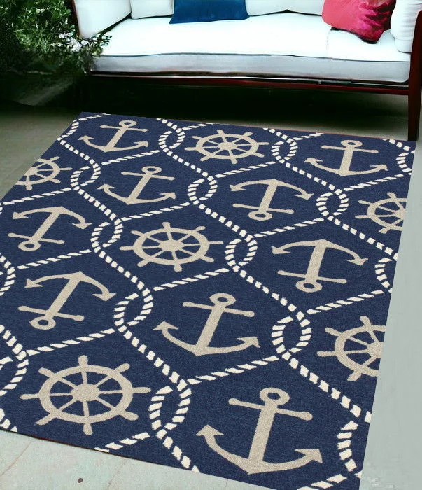 5' X 8' Hand Hooked UV Treated Nautical Indoor / Outdoor Area Rug - Navy Blue