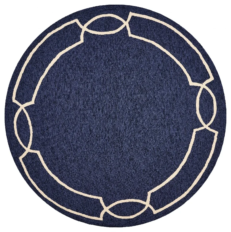 7' Hand Hooked UV Treated Bordered Round Indoor / Outdoor Area Rug - Ocean Blue