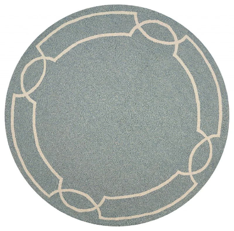 7' Spa Hand Hooked UV Treated Bordered Round Indoor / Outdoor Area Rug - Blue