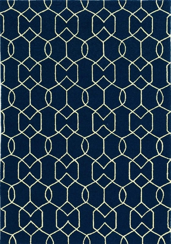 7' X 10' Hand Hooked UV Treated Trellis Indoor / Outdoor Area Rug - Navy Blue