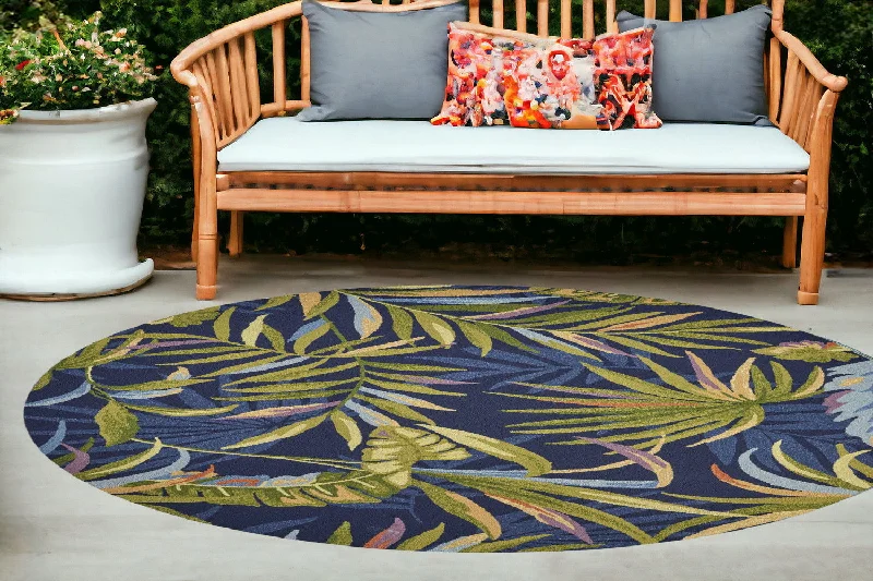 8' Hand Hooked UV Treated Oversized Tropical Leaves Round Indoor / Outdoor Area Rug - Ink Blue