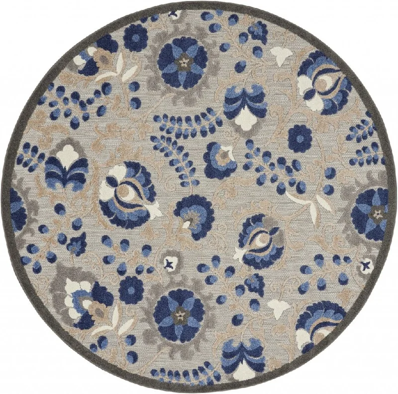 8' Round Round Floral Indoor & Outdoor Area Rug - Gray / Blue