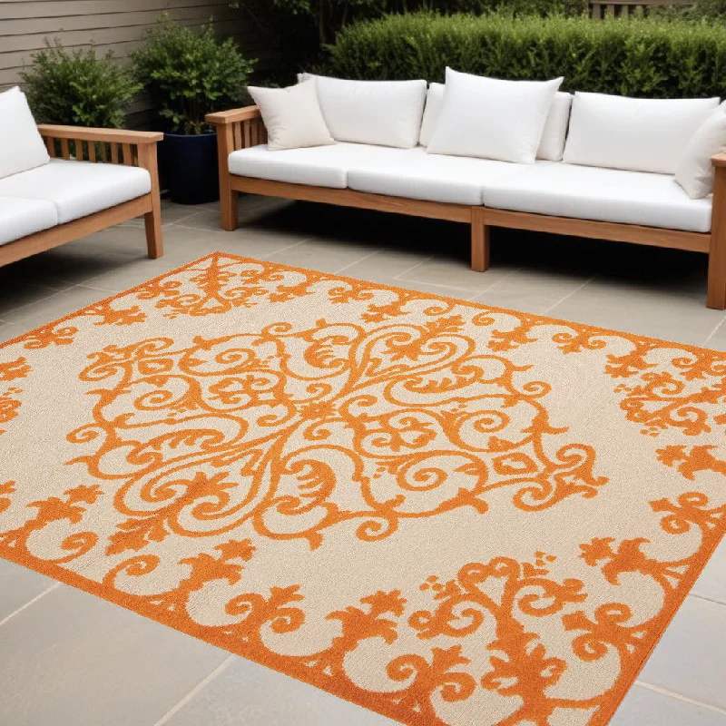 8' X 11' Damask Indoor / Outdoor Area Rug - Orange / Ivory