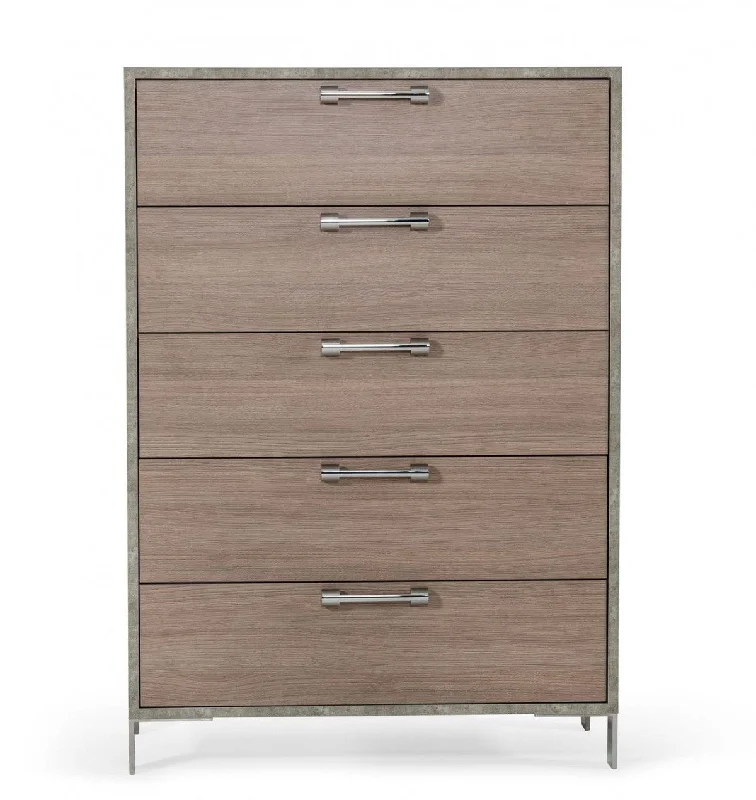 Solid Wood Five Drawer Chest - Brown Oak / Gray